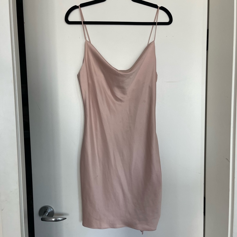 Baby pink cowl neck satin mini dress